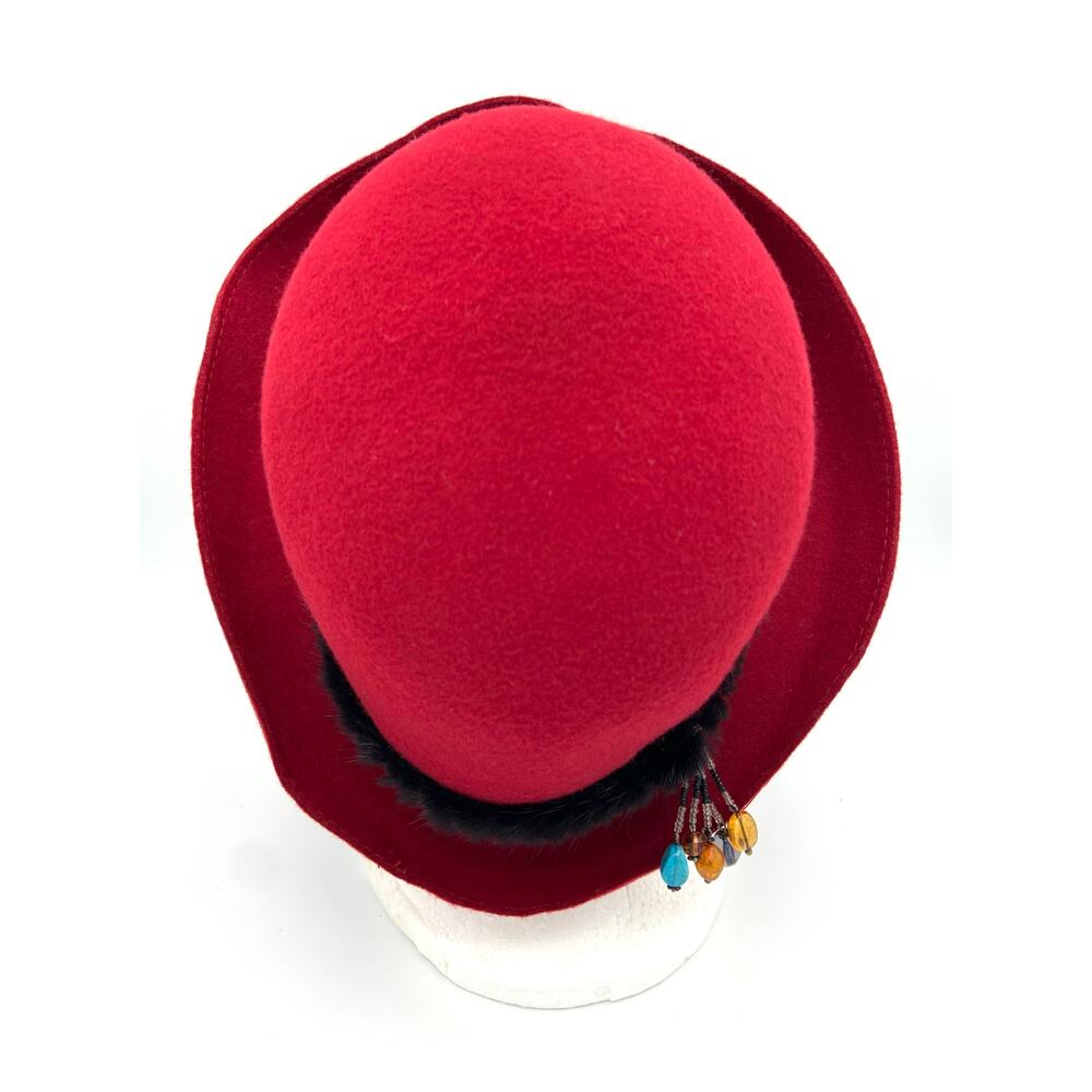 Vintage Liz Claiborne Red Wool Cloche Hat with Mink Fur Trim and Beaded Accent - Picture 4 of 14